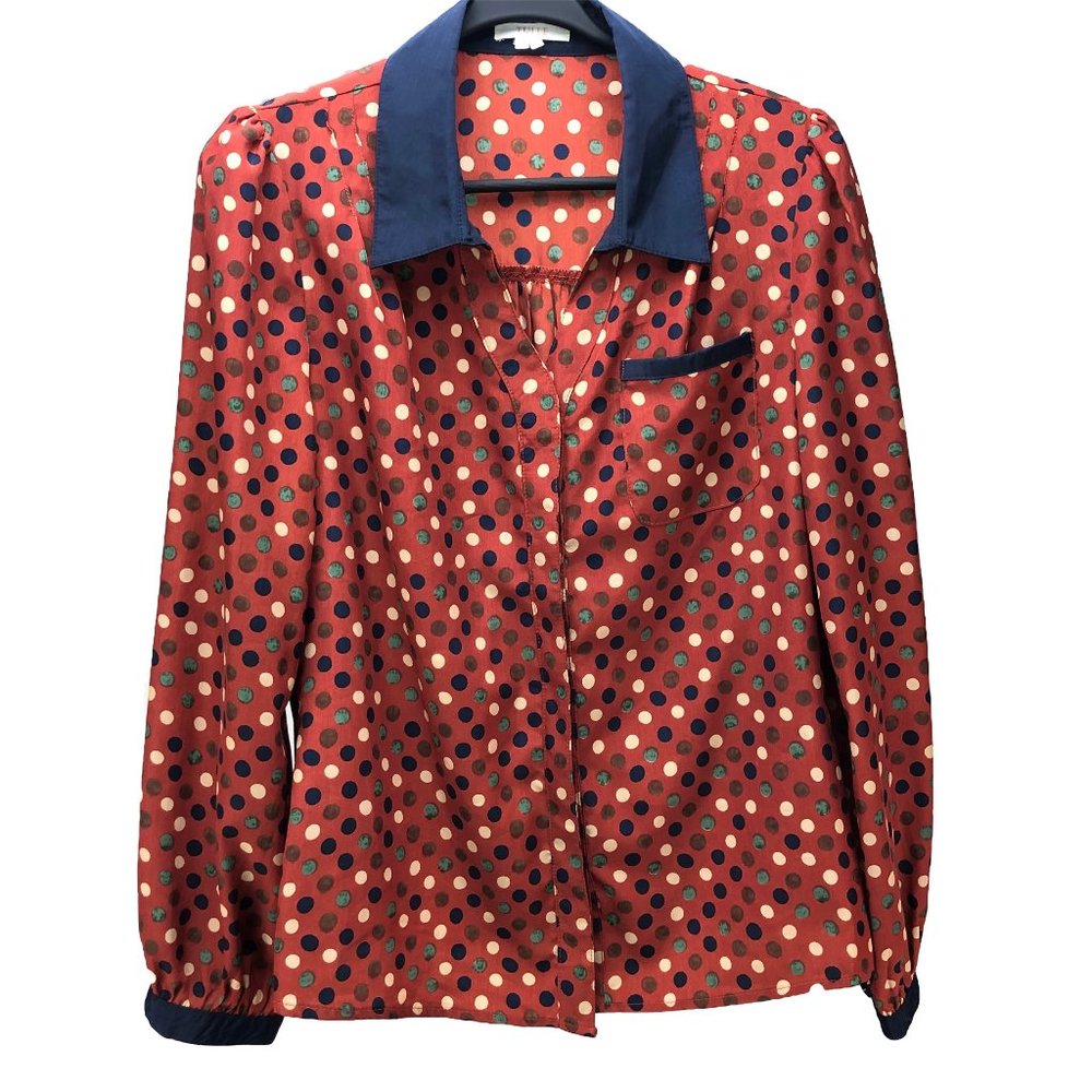 TULLE polka dot long sleeve blouse navy rust - SZ 6